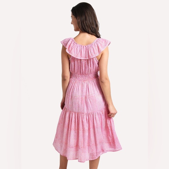 Oliphant Ruffle Neck Midi Dress pebble lilac coral print pink flounce - Picture 2 of 11